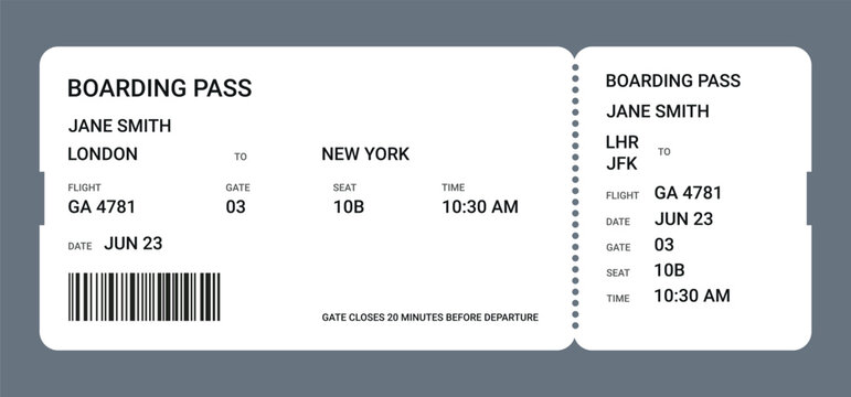 Boarding Pass Template in minimal style for travel, airline, airport, booking, and design. Vector Airline Ticket

