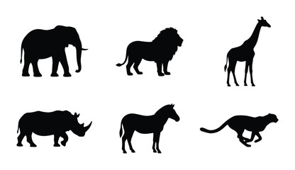 African Wildlife Silhouettes: Elephant, Lion, Giraffe, Rhino, Zebra, Cheetah Vector Icons © Rifat