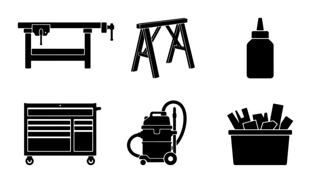 Workshop Tools Vector Icons: Workbench, Sawhorse, Glue, Tool Chest, Vacuum, Wood Bin - Construction & DIY Set