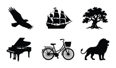 Silhouette Icons: Eagle, Sailboat, Tree, Piano, Bicycle, Lion, Vector Set © Farjana