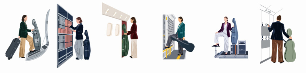 Illustrations of professional musicians in suits traveling with large musical instrument cases like cellos on airplanes and at airports. © Siti