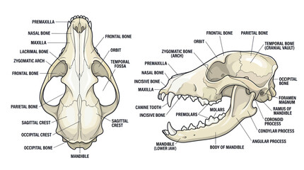 Labeled anatomy of a canine skull showing dorsal and lateral views © Angsa