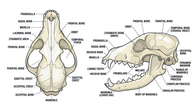 Labeled anatomy of a canine skull showing dorsal and lateral views