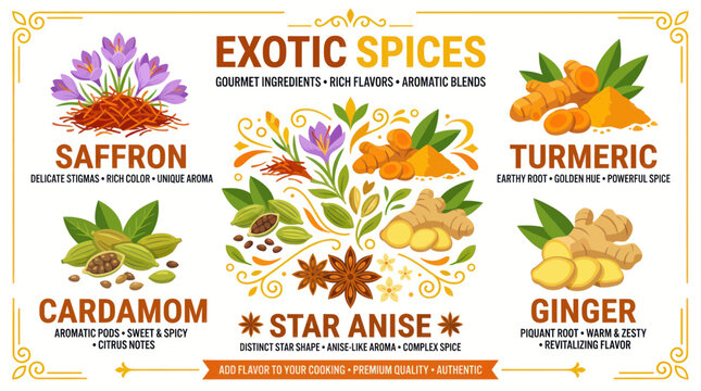 Exotic spice collection with saffron turmeric cardamom and ginger