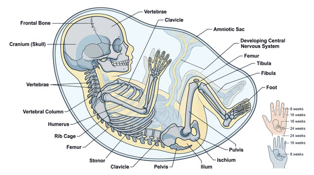 Fetal skeletal development diagram with anatomical labels
