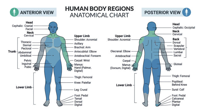 Anatomical chart of human body regions with anterior and posterior views