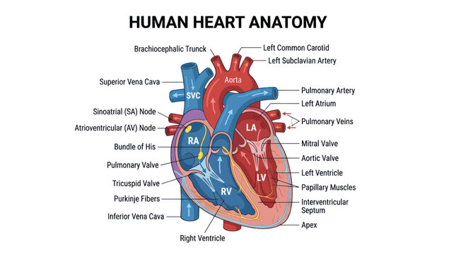 Human heart anatomy diagram with labeled internal chambers and flow