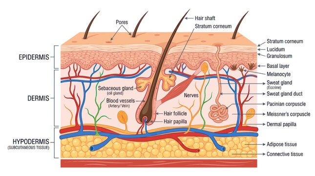 Human skin layers anatomical diagram with detailed labels