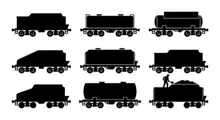 Freight Train Car Silhouettes, Industrial Rail Transport Icons, Cargo Wagons Collection, Black Vector Graphics for Logistics and Industry © Tanzina