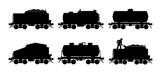 Diverse Train Car Silhouettes, Industrial Freight Transport, Coal and Tanker Wagons, Vintage Locomotive Elements, Transportation Graphics © Tanzina