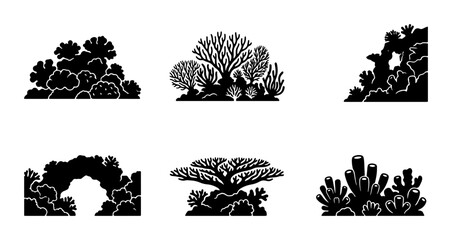Black Silhouette Coral Reef Elements, Underwater Marine Life Icons, Ocean Flora Vector Set for Aquatic Design and Nature Graphics © Mehedi