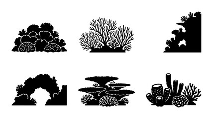 Coral Reef Silhouettes, Marine Life Icons, Underwater Ecosystem Elements, Ocean Flora Vector Set © Mehedi