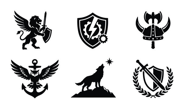 Heraldic Emblems, Shields, and Mythical Creatures Vector Icons Set