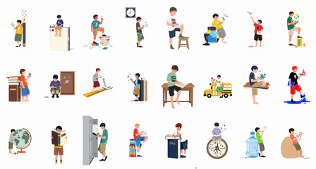 Fototapeta premium Comprehensive collection of flat vector illustrations depicting young boys in various creative and educational activities, emphasizing imagination, learning, and school life.