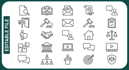 Fototapeta premium Set of Law and justice Vector Line Icons. Contains such Icons as weapon, arrest, authority, courthouse, gavel, legal, weapon and more