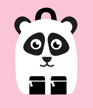 Cute school kid backpack decorated with panda animal face and ears. Vector flat illustration.