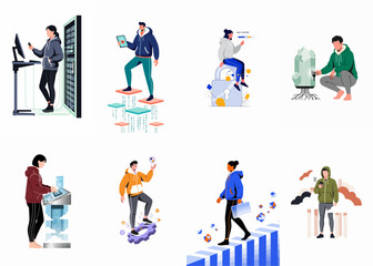 Fototapeta premium Collection of cybersecurity and data protection vector illustrations featuring people interacting with digital security concepts, servers, and multi-factor authentication.