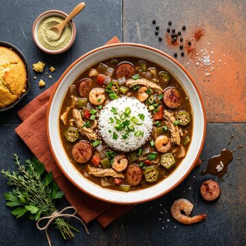 Classic gumbo USA food &mdash; rich Louisiana stew with roux, sausage, seafood, and rice, a beloved Creole-Cajun dish