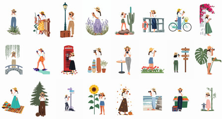 Fototapeta premium Diverse collection of flat vector illustrations showcasing a female traveler capturing moments with a camera in various global landscapes and seasonal settings.