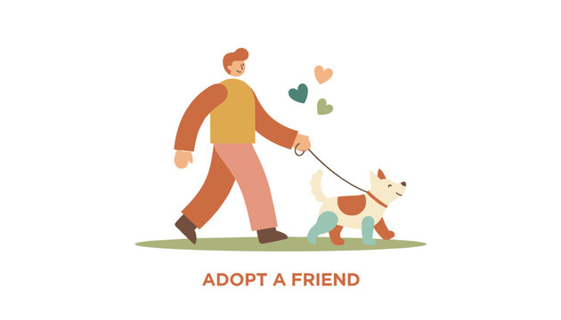 Man walking a happy adopted dog on a leash with hearts floating in the air, advocating to adopt a friend.
