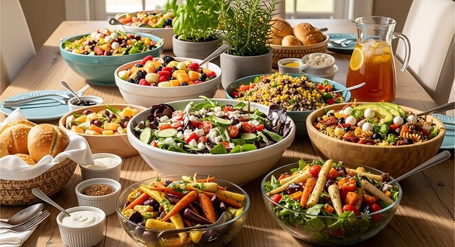 Abundant buffet spread with diverse dishes and drinks.