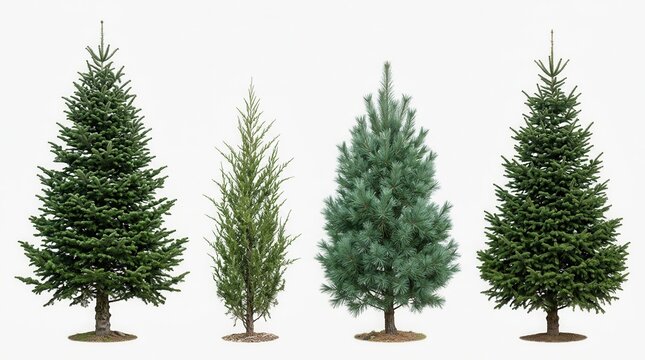 Collection of Four Unique Coniferous Trees Beautiful evergreen fir on white background, collage