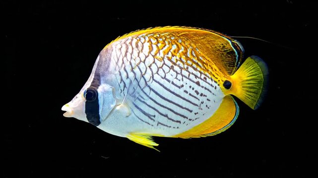 A colorful marine fish swims in dark water
