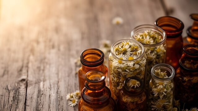 Apothecary Jars on Wooden Table with Copy Space