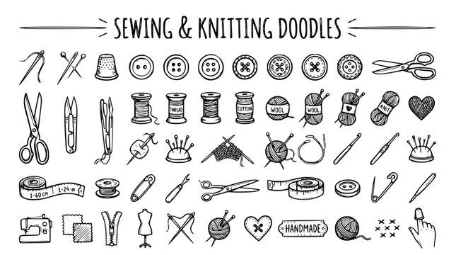 Hand drawn sewing knitting doodle set, needle thread button scissors thimble yarn, black ink sketch vector illustration