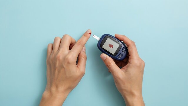 Person pricking finger with glucometer to test blood sugar on blue background