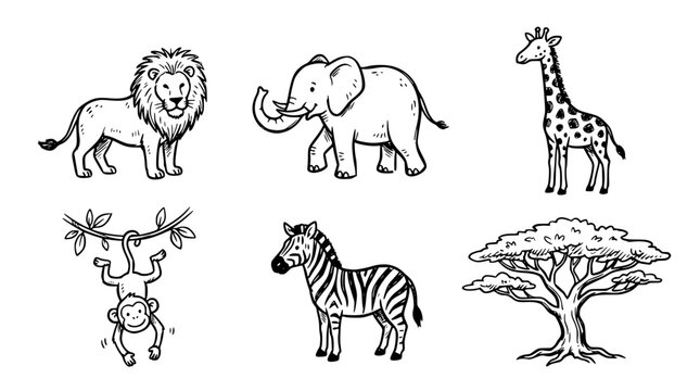 Hand drawn jungle safari doodle set, lion elephant giraffe zebra monkey tree, black ink sketch vector illustration