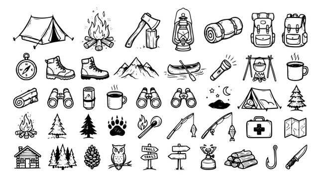 Hand drawn camping outdoor doodle set, tent bonfire axe lantern sleeping bag, black ink sketch vector illustration