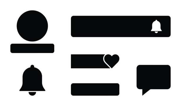 Social Media Notification Icons Set, YouTube Subscribe Button, Bell Alert, Heart Like, Speech Bubble Chat, Vector Graphics