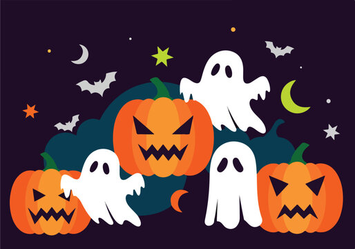 A spooky night scene with ghosts and jack-o-lanterns