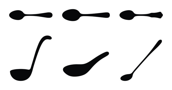 Six Black Spoon Silhouettes, Kitchen Utensil Icons, Cooking Tools Vector Set