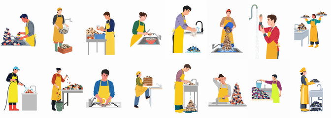 Fototapeta premium Seafood workers in yellow aprons washing, cleaning, and preparing fresh mussels, oysters, and clams in a commercial kitchen setting.