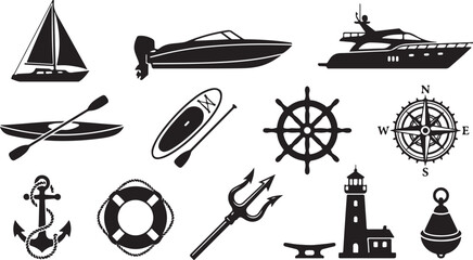 Set of nautical icons, marine equipment, ships, and sea navigation symbols © Shammi