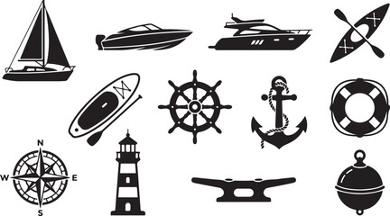 Set of nautical icons including boats, anchor, lighthouse, compass, and marine equipment © Shammi