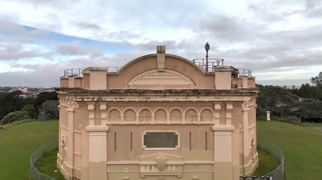 Waverley Reservoir is an ornately decorated early twentieth century water tank in eastern suburbs of Sydney, Australia near Bondi Beach. Camera flies in toward facade.