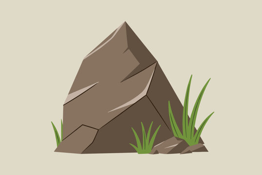 Simple landscape illustration of a large brown rock surrounded by tufts of green grass on a plain neutral color background for nature themes.