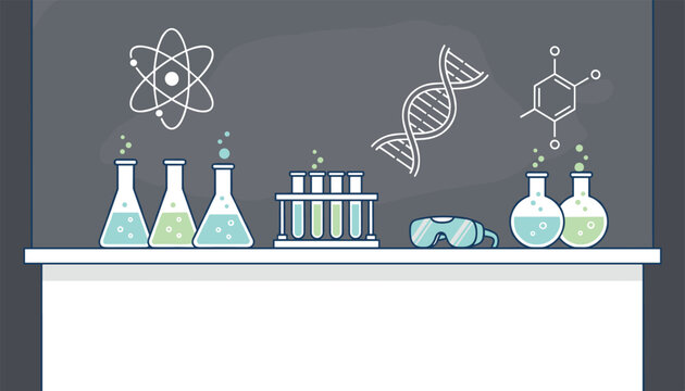 Science classroom laboratory setup with glass test tubes, flaks, goggles, and chalkboard drawings of atoms and dna.
