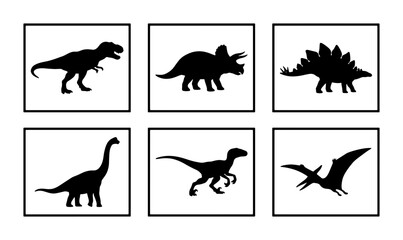Set of Six Dinosaur Silhouettes, Prehistoric Reptile Icons, Jurassic Era Creatures, Vector Graphics for Education and Design © Ashraful