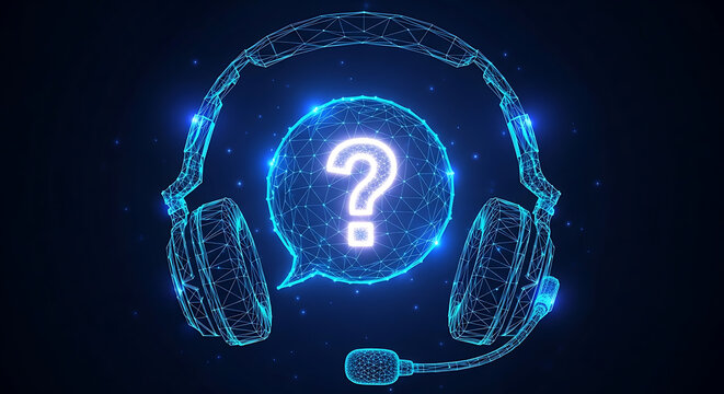 Digital headset with question mark symbol representing customer support and technical assistance question customer assistance technical technology communication solution information feedback