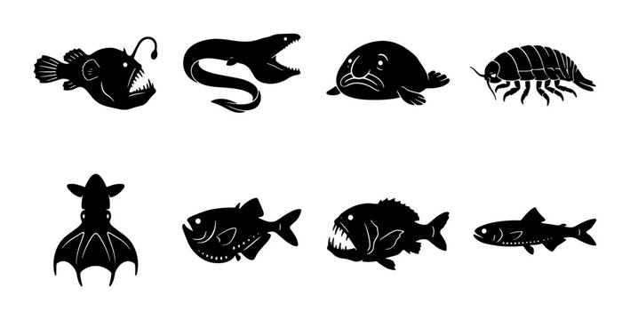 Deep Sea Creatures Vector Icons: Anglerfish, Moray Eel, Blobfish, Isopod, Squid, Piranha, Barracuda, Sardine - Monochrome Marine Life Collection