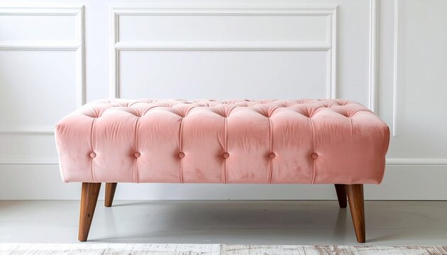 Pink tufted velvet ottoman bench against white wall with furniture upholstered interior fashionable footrest minimalist