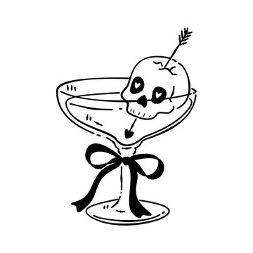 cartoon illustration of a cocktail with skull as garnish 