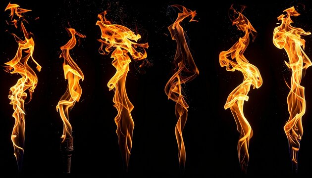 Six isolated flames with varying shapes against black