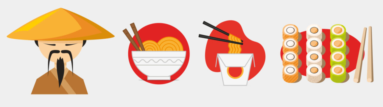 Asian cuisine elements set, ramen noodles sushi character chef flat illustration vector icons