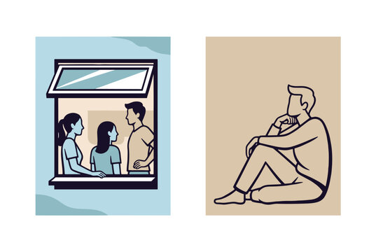 Two panel illustration comparing people socializing together through a window with an individual sitting alone and thinking in a separate space.
