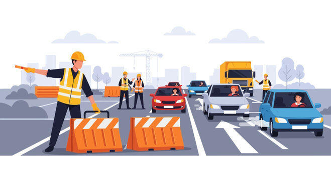 Traffic control construction workers redirecting vehicles on highway